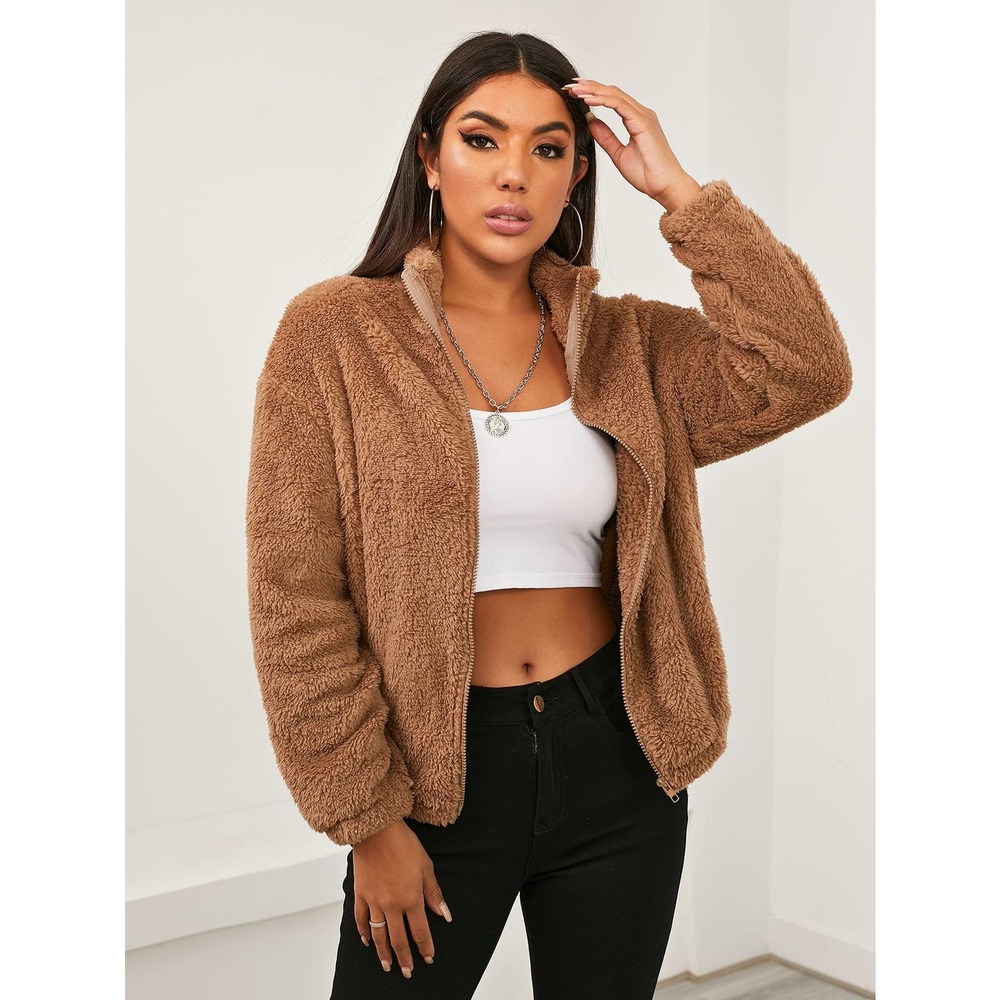 stand collar faux fur Zip Up Teddy Jacket teddy coat fall winter tan camel brown - Picture 5 of 10
